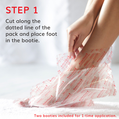 Instructions applying, soak feet, don't peel deal skin cells
